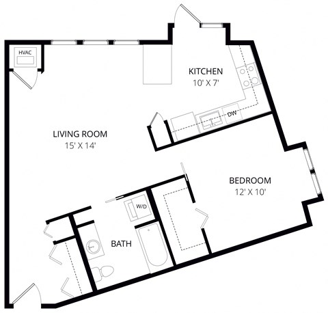 Floor plan for 1 bed, 1 bath, 770 sqft